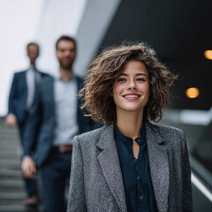 A woman with a smile on her face is wearing a suit and standing on a staircase. She is surrounded by two other people, one of whom is wearing a tie. Concept of professionalism and confidence