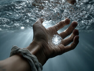 A hand reaching out of water, gripping a glowing orb