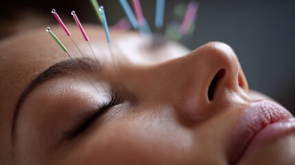 Close-up of Facial Acupuncture Session Focusing on Needles During a Therapeutic Treatment in a Calming Environment