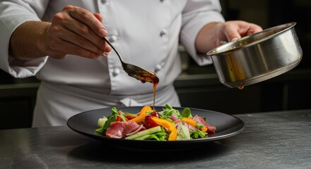 Professional Chef Drizzling Gourmet Sauce on Fresh Salad with Duck Breast