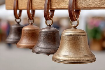 Antique Bells Exhibit Closeup Of Four Brown Metallic Bells Hanging From Wooden Beam, Showcasing Craftsmanship And Historical Significance, A Restorers Value, And A Galleries Application
