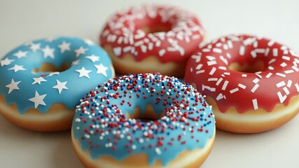 Four patriotic donuts celebrating independence day with stars and sprinkles