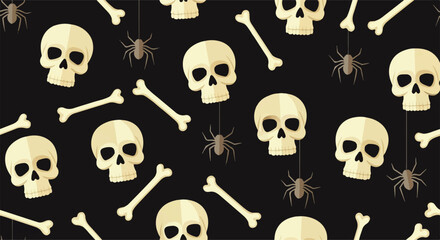 Spooky seamless pattern with stylized cartoon skulls, scattered bones, and hanging spiders.