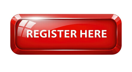 A glossy red register here button isolated on transparent background