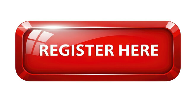 A glossy red register here button isolated on transparent background