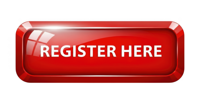 A glossy red register here button isolated on transparent background