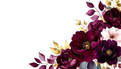 Fototapeta premium Burgundy and Gold Floral Corners. Abstract watercolor background frame