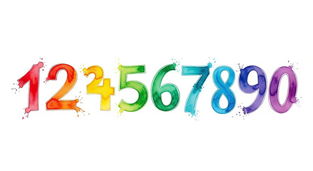 Watercolor numbers one through zero in a rainbow gradient on a white background in a horizontal line