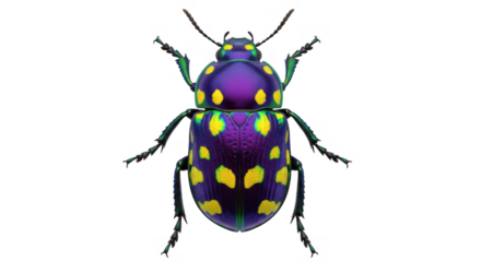 A vibrant purple beetle with yellow spots isolated on transparent background