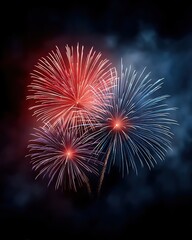 Dramatic Firework Display Red, Blue, And Purple Explosions In A Dark Sky For Celebration, A Stunning Visual Composition With Depth And Intense Light Show