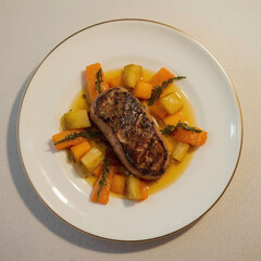 Beef steak glazed with a tamarind and dark honey reduction, accompanied by roasted vegetables