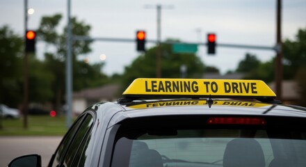Learning to Drive: Yellow Sign on Car with Red Traffic Lights in Background