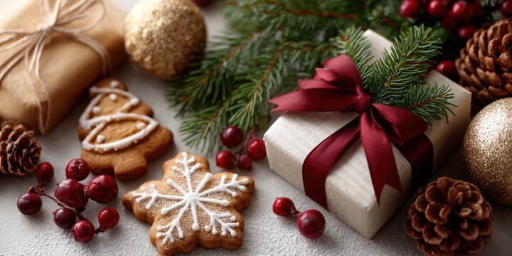 Festive Closeup Of A Snowflake Gingerbread Cookie With White Icing And Sugar, Beside A Christmas Tree Cookie, Rustic Gift, And White Gift Box, Evoking A Cozy Holiday Spirit