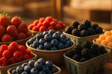 Fresh berry selection with blueberries, raspberries, blackberries, and strawberries in rustic market-style bowls