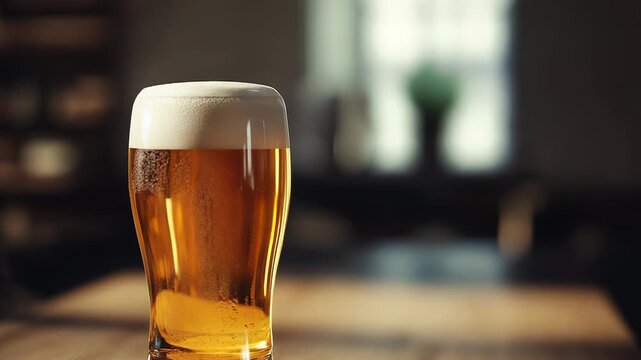 Cold beer glass sitting on table in pub with window in background