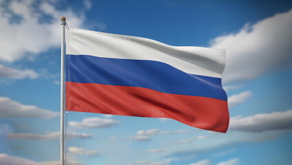 Russian flag proudly waving against a beautiful blue sky with soft clouds, symbolizing national pride and freedom