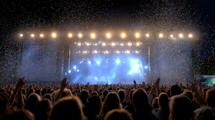 Night Concert Celebration Capturing The Live Atmosphere And Shared Experience Of A Vibrant Crowd At A Stage Performance, Amidst Falling Confetti
