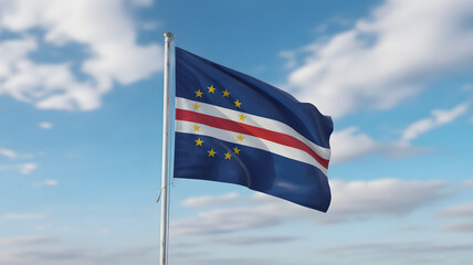 Cape Verde flag waving proudly against a bright blue sky with soft clouds, symbolizing national pride and freedom.