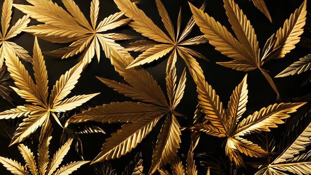 Golden cannabis leaves creating an intricate pattern on dark background