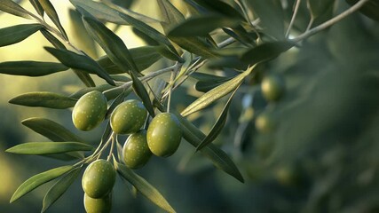 Green olives ripening on olive tree branch in orchard - Powered by Adobe
