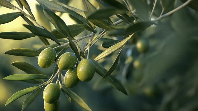 Green olives ripening on olive tree branch in orchard