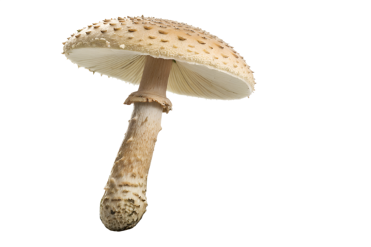 A single wild mushroom with a brown speckled cap and textured stem shown in a closeup view, isolated on a clean white background.