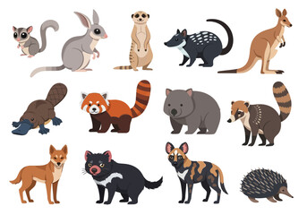 A collection of various Australian animals including a kangaroo, platypus, wombat, echidna, tasmanian devil, bilby, meerkat, and other native species.