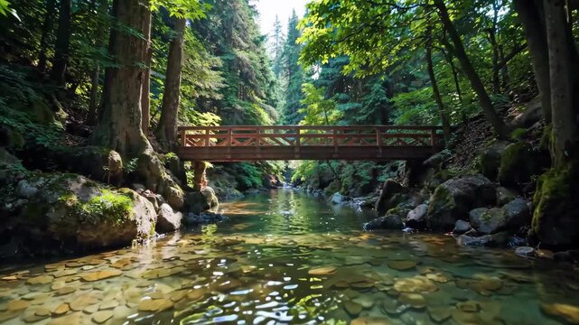there is a bridge over a stream in a forest
