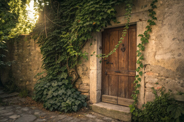 Fototapeta premium Old Rustic Wooden Door Covered with Green Ivy Vines on Textured Stone Wall in Soft Daylight