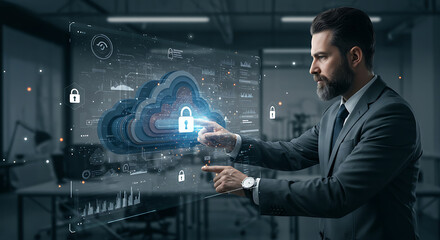 Cloud Technology Innovation: An innovative professional in a corporate setting engages with an interactive cloud computing interface, embodying the future of digital technology and data security.