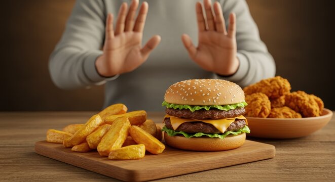 Person Refusing Fast Food: Burger, Fries, and Fried Chicken. - Powered by Adobe