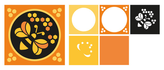 Vector layered paper cut design with bee and honeycomb. 3D shadow box or tunnel card. Summer template for paper cutting