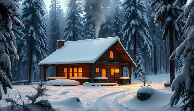 Cozy wooden cabin nestled in a snowy forest at twilight, warm light emanating from the windows.