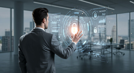 Cybersecurity Vision: A focused individual wearing a suit actively interacts with a holographic cybersecurity interface, symbolizing technology in a modern workspace and data protection
