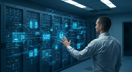 Data security in server room: A focused individual interacts with an illuminated digital interface that protects and monitors massive server room, symbolizing technology and information security