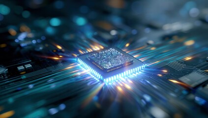 CPU circuit board, glowing central processor, tech background, data processing