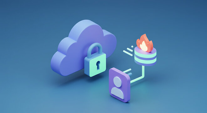 Cloud Security Icon: This visually arresting digital illustration portrays a cloud with a secure lock, symbolizing data protection and cybersecurity, coupled with a database and flame.
