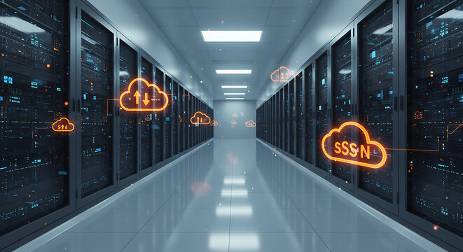 Data Center Corridor: A cutting-edge data center corridor, illuminated with soft light and adorned with digital cloud imagery, conveys the essence of the digital world.