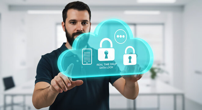 Tech-savvy security with an expert user: A tech-savvy user interacts with a glowing cloud-shaped interface, highlighting data security, and protection of digital asset.
