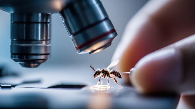 Macro shot of a scientists hands handling a delicate insect under a portable microscope capturing intricate details and logging species information on digital devices.