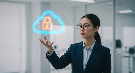 Data Security Expert: A female professional, in an office setting, is seen interacting with a glowing cloud icon, highlighting data protection and network security.