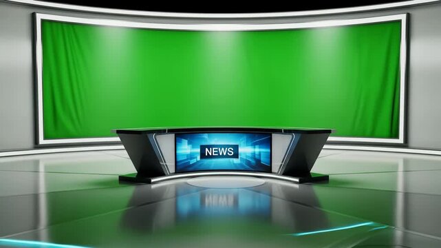 Modern news studio set with green screen backdrop and curved desk.