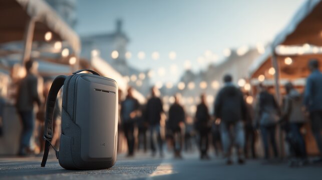 Medium shot of a sleek 5G backpack encoder device in crisp detail set against a gently blurred crowd scene showcasing portable streaming technology in dynamic outdoor settings.