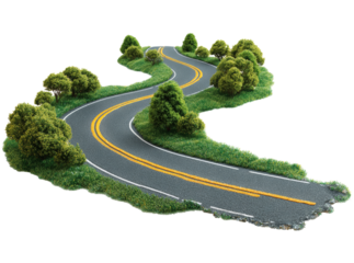 Winding country road through lush green landscape. Isolated On Transparent Background