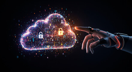 Cloud Computing: A futuristic vision of cloud computing, symbolizing digital security and data protection, with a robotic hand interacting with a glowing cloud graphic.