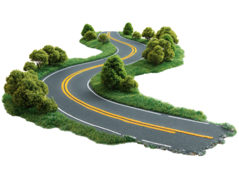 Winding country road through lush green landscape. Isolated On Transparent Background - Powered by Adobe