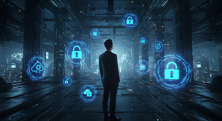 Cybersecurity Sentinel: A lone figure stands vigilantly amidst a futuristic digital landscape, surrounded by glowing security icons.