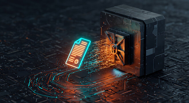 Digital Document Security: A vivid digital depiction of secure document storage, a futuristic vault releases encrypted data, symbolizing information protection and cybersecurity.