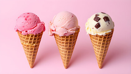Three scoops of Neapolitan ice cream in waffle cone against vibrant pink background. Flavors include vanilla with strawberry pieces, strawberry, chocolate