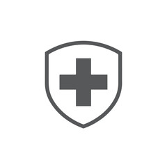 A gray shield with a prominent plus symbol inside, symbolizing protection and healthcare.